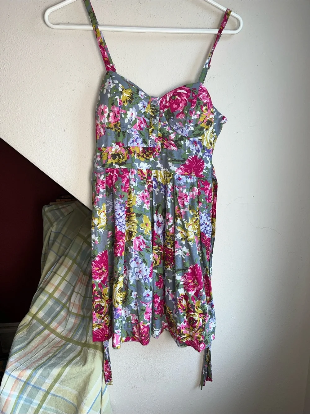 Forever 21 Pink, Yellow & Green Floral Smocked Dress on Gray‎